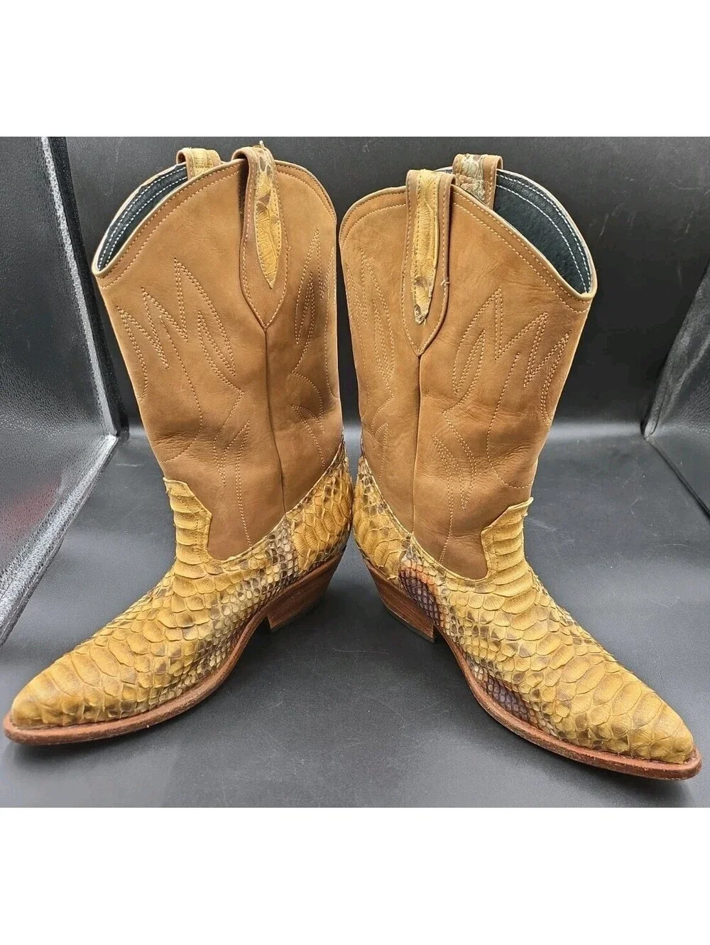 Mexican MEN'S EXOTIC PYTHON WESTERN BOOTS Brown Leather Mens Size 8 Vintage